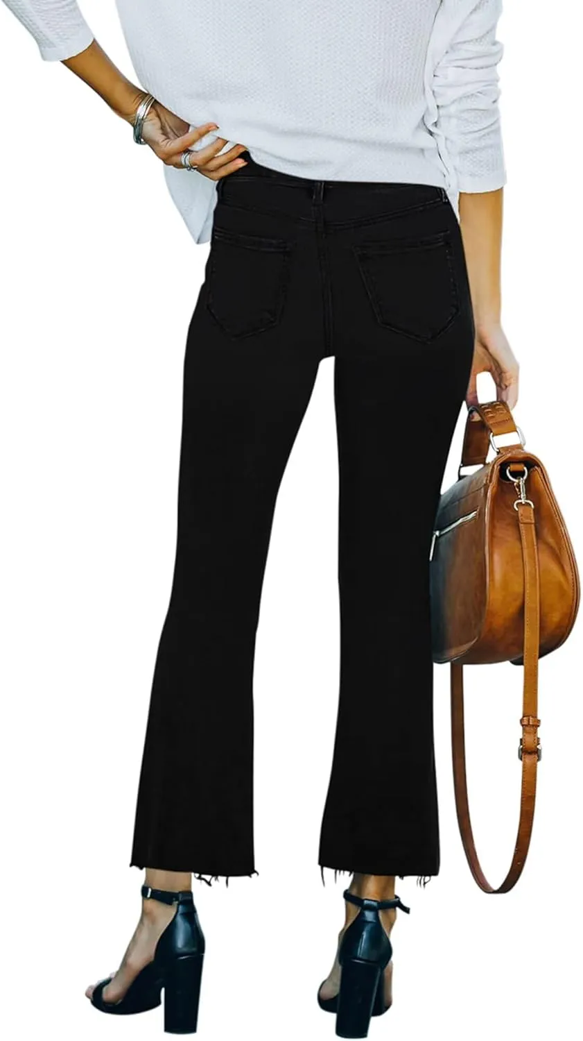 Flare Jeans for Women Cropped Stretchy Mid Rise Bell Bottom Jeans Womens Crop Flare Jeans with Raw Hem