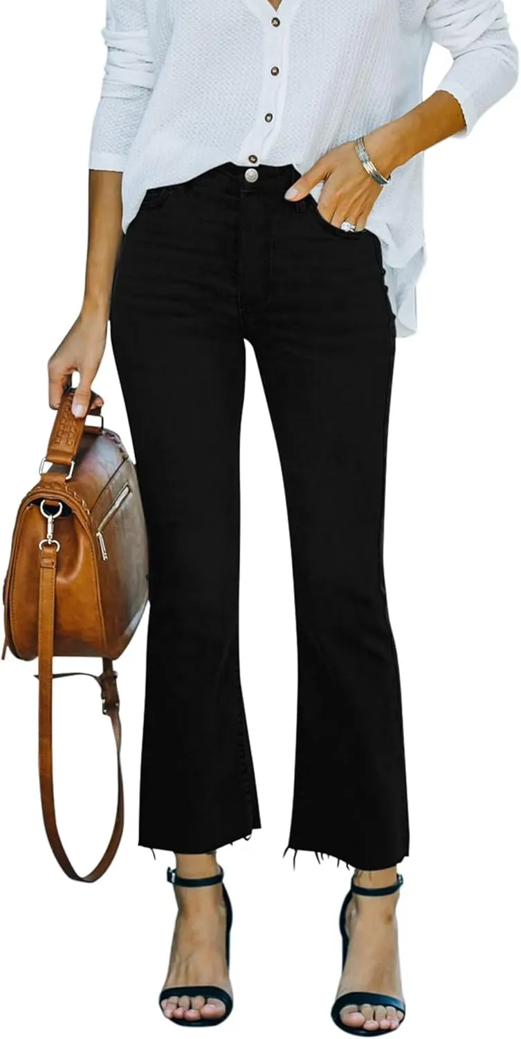 Flare Jeans for Women Cropped Stretchy Mid Rise Bell Bottom Jeans Womens Crop Flare Jeans with Raw Hem