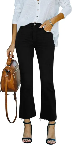 Flare Jeans for Women Cropped Stretchy Mid Rise Bell Bottom Jeans Womens Crop Flare Jeans with Raw Hem