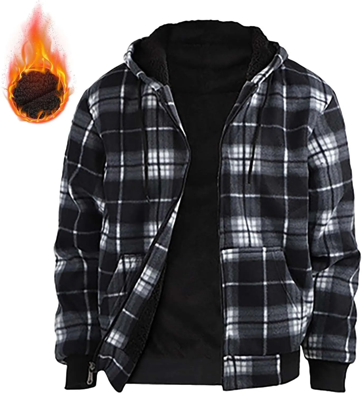 Fleece Jacket Men Full Zip Sherpa Lined Plaid Checkered Crewneck Sweatshirt Big and Tall Hoodies Warm Winter Coat