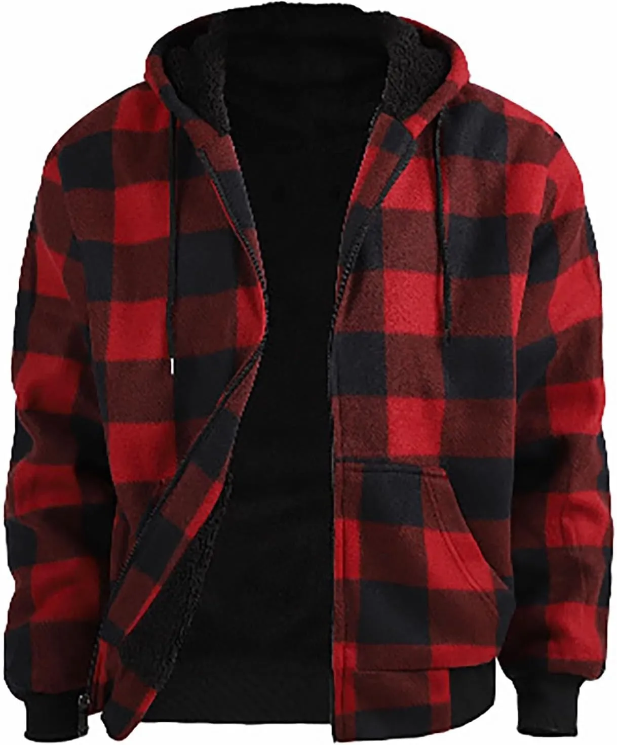 Fleece Jacket Men Full Zip Sherpa Lined Plaid Checkered Crewneck Sweatshirt Big and Tall Hoodies Warm Winter Coat