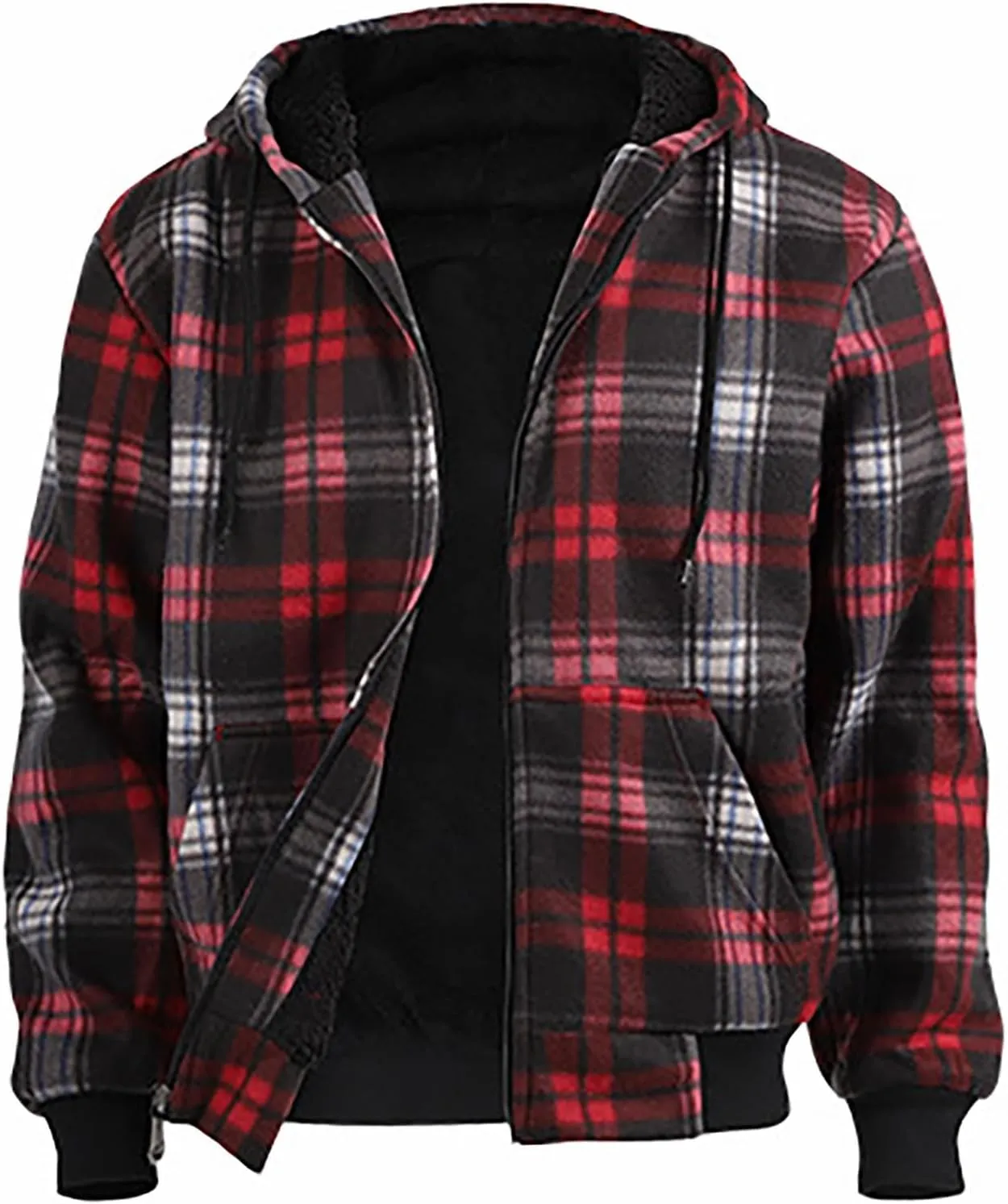 Fleece Jacket Men Full Zip Sherpa Lined Plaid Checkered Crewneck Sweatshirt Big and Tall Hoodies Warm Winter Coat