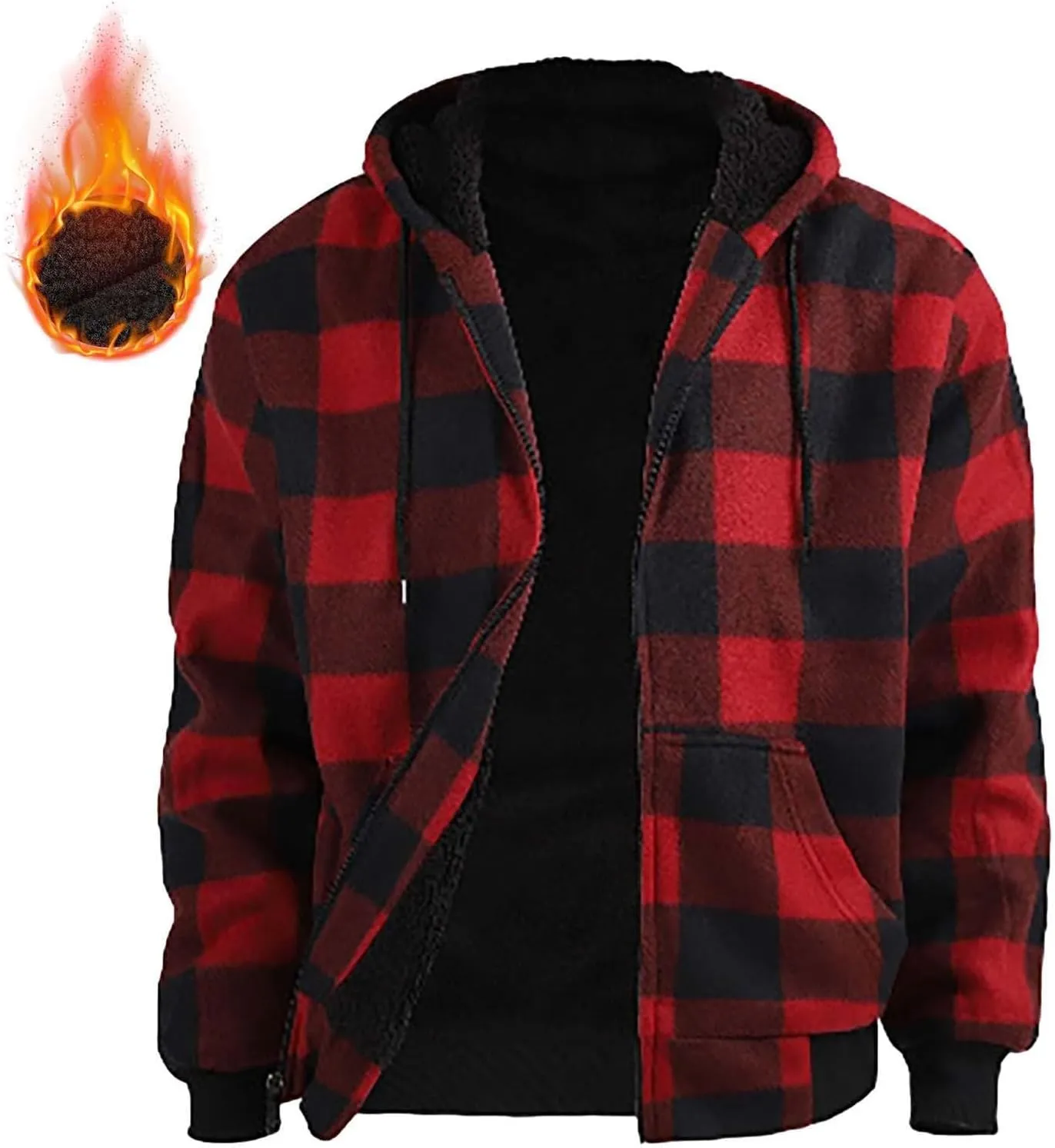 Fleece Jacket Men Full Zip Sherpa Lined Plaid Checkered Crewneck Sweatshirt Big and Tall Hoodies Warm Winter Coat