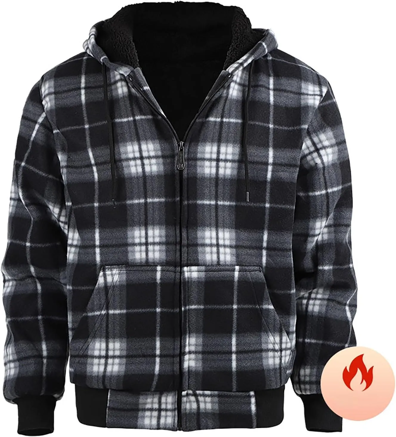 Fleece Jacket Men Full Zip Sherpa Lined Plaid Checkered Crewneck Sweatshirt Big and Tall Hoodies Warm Winter Coat