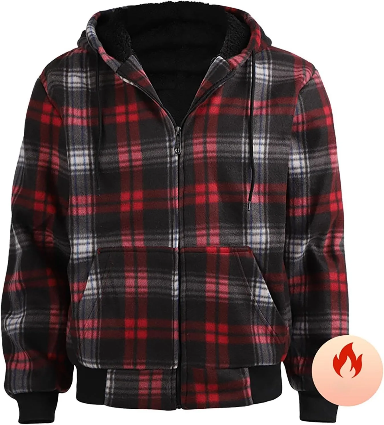 Fleece Jacket Men Full Zip Sherpa Lined Plaid Checkered Crewneck Sweatshirt Big and Tall Hoodies Warm Winter Coat