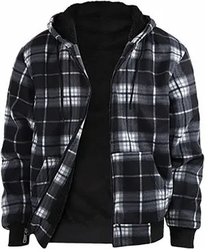 Fleece Jacket Men Full Zip Sherpa Lined Plaid Checkered Crewneck Sweatshirt Big and Tall Hoodies Warm Winter Coat
