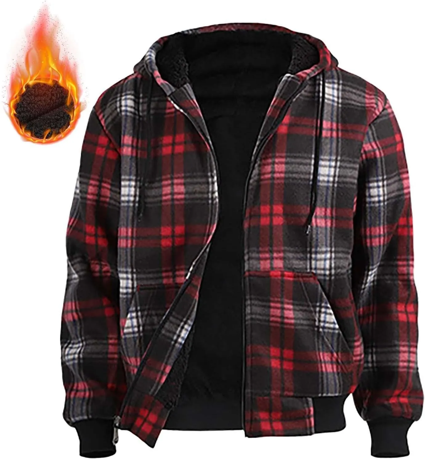 Fleece Jacket Men Full Zip Sherpa Lined Plaid Checkered Crewneck Sweatshirt Big and Tall Hoodies Warm Winter Coat