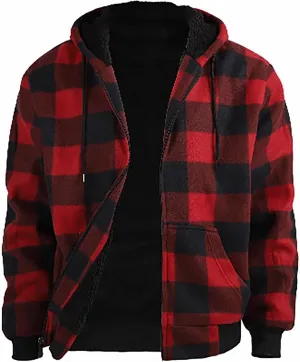 Fleece Jacket Men Full Zip Sherpa Lined Plaid Checkered Crewneck Sweatshirt Big and Tall Hoodies Warm Winter Coat