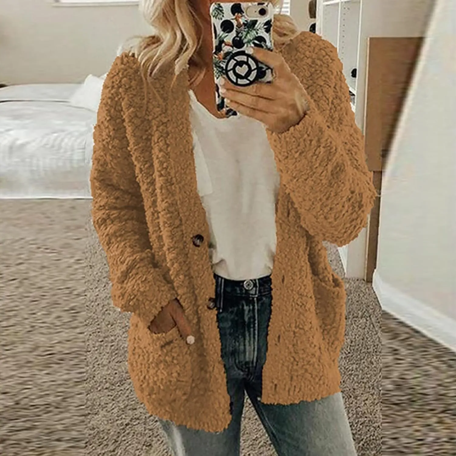 Fleece Jackets for Women Fuzzy Open Front Oversized Cardigan Hooded Sherpa Jacket Fluffy Winter Coats with Pockets