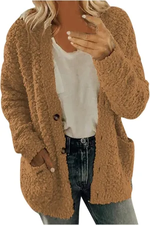 Fleece Jackets for Women Fuzzy Open Front Oversized Cardigan Hooded Sherpa Jacket Fluffy Winter Coats with Pockets