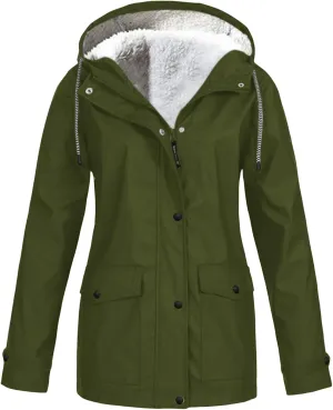 Fleece Lined Raincoat for Women Waterproof Lightweight Zip Up Hooded Jacket Winter Rain Jackets Outdoor Windbreaker