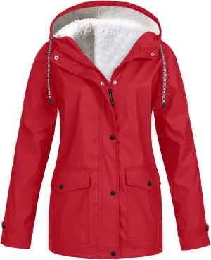 Fleece Lined Raincoat for Women Waterproof with Hood Winter Spring Trench Coat Lightweight Outdoor Windbreaker Jacket