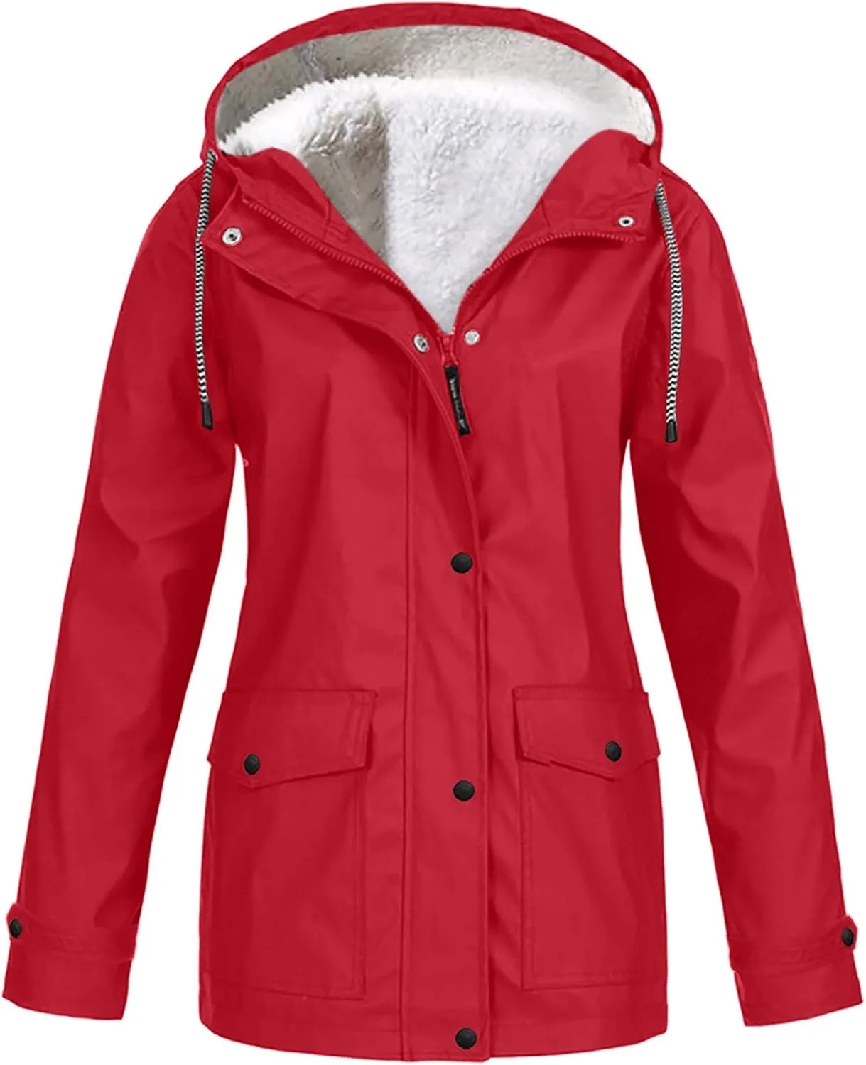 Fleece Lined Raincoat for Women Waterproof with Hood Winter Spring Trench Coat Lightweight Outdoor Windbreaker Jacket