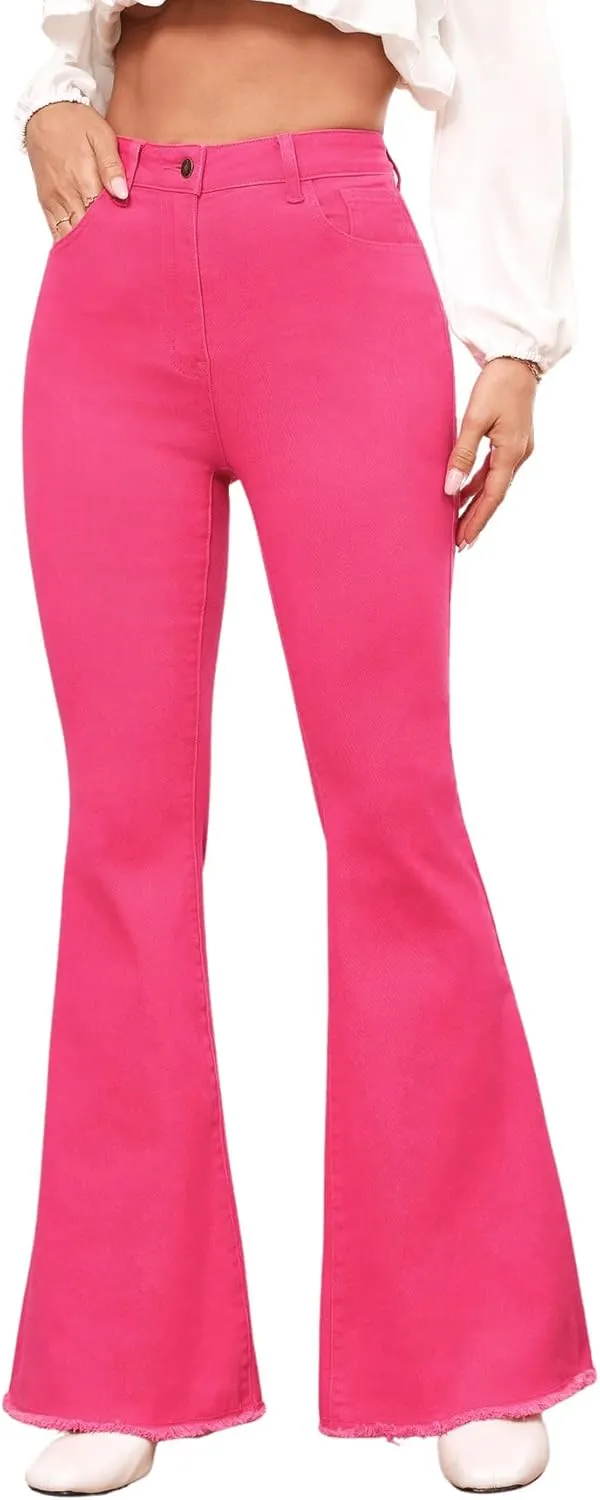 Floerns Women's High Waisted Flare Jeans Frayed Raw Hem Bell Bottom Denim Pants