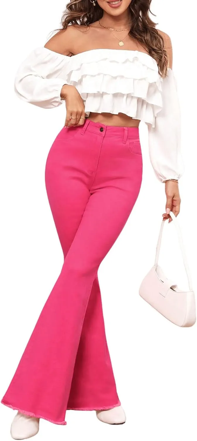 Floerns Women's High Waisted Flare Jeans Frayed Raw Hem Bell Bottom Denim Pants