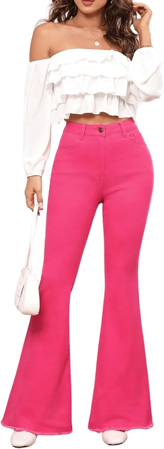 Floerns Women's High Waisted Flare Jeans Frayed Raw Hem Bell Bottom Denim Pants
