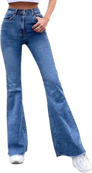 Floerns Women's High Waisted Flare Jeans Frayed Raw Hem Bell Bottom Denim Pants