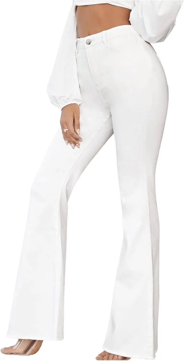 Floerns Women's High Waisted Flare Jeans Frayed Raw Hem Bell Bottom Denim Pants