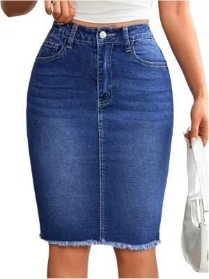 Floerns Women's High Waisted Raw Hem Pencil Denim Skirt Knee Length Jeans Skirts