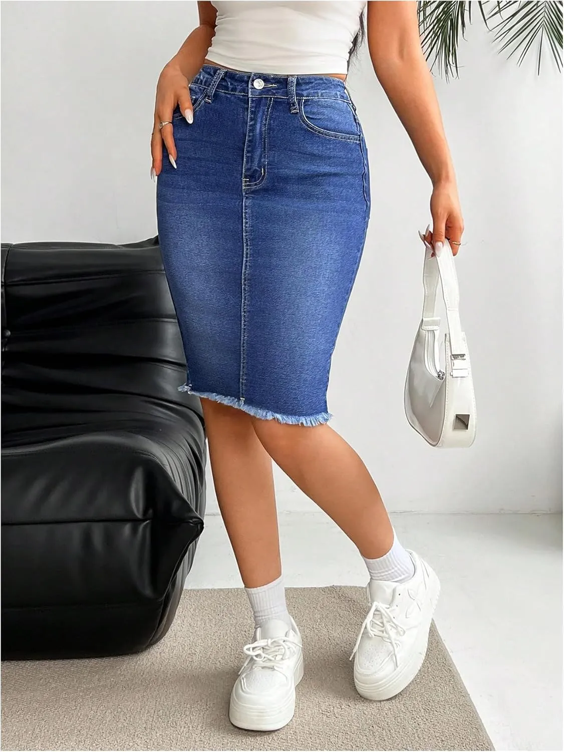 Floerns Women's High Waisted Raw Hem Pencil Denim Skirt Knee Length Jeans Skirts
