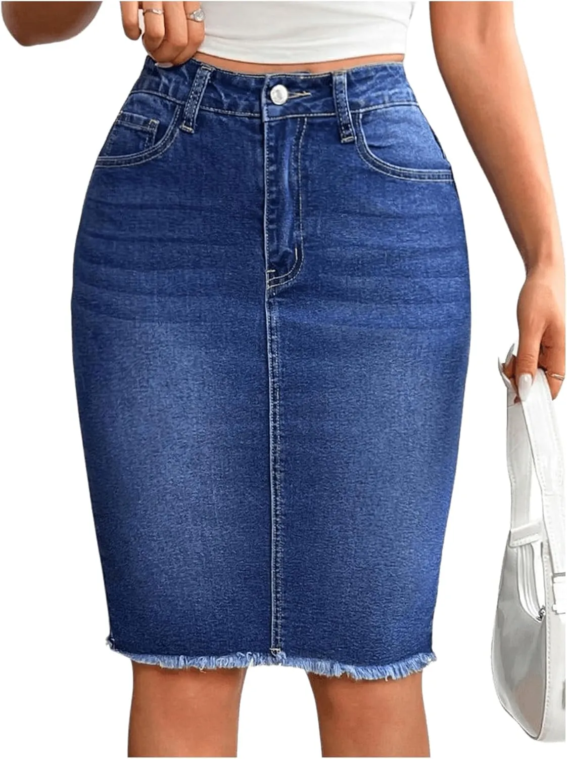 Floerns Women's High Waisted Raw Hem Pencil Denim Skirt Knee Length Jeans Skirts