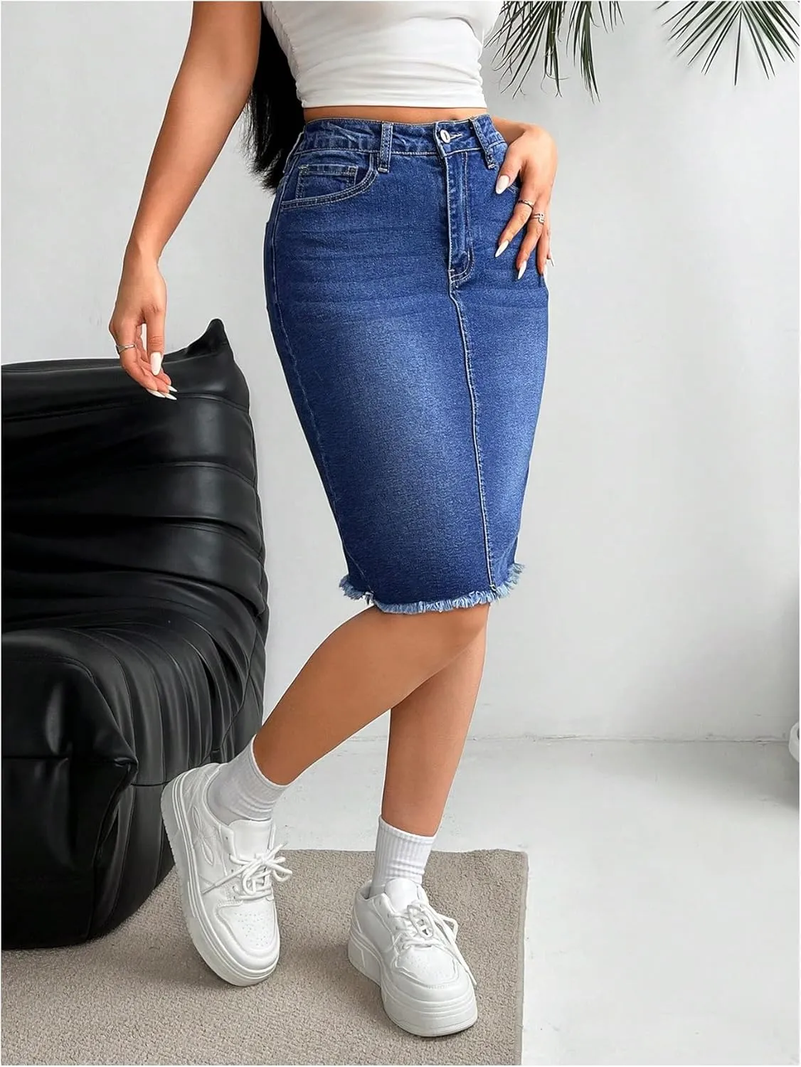 Floerns Women's High Waisted Raw Hem Pencil Denim Skirt Knee Length Jeans Skirts