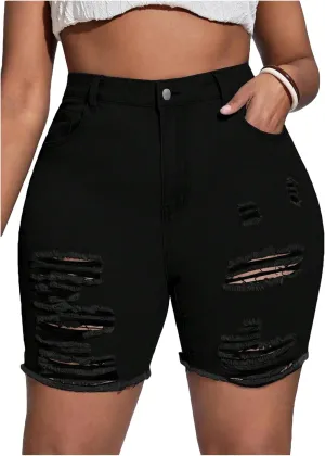 Floerns Women's Plus Size High Waist Ripped Raw Hem Denim Jeans Shorts