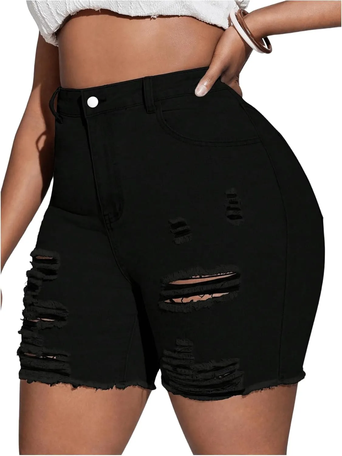 Floerns Women's Plus Size High Waist Ripped Raw Hem Denim Jeans Shorts