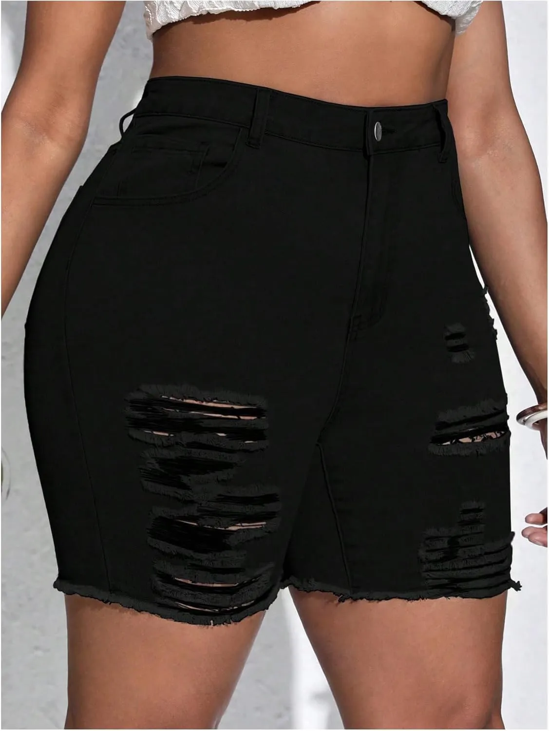 Floerns Women's Plus Size High Waist Ripped Raw Hem Denim Jeans Shorts