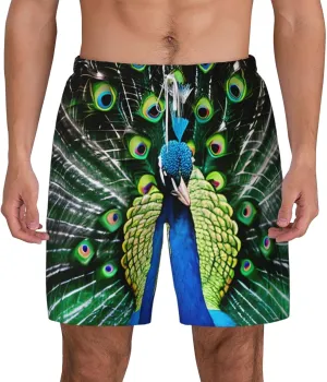 Fresh Peacock Print Mens Swim Trunks Quick Dry Board Shorts Mesh Lining, Breathable Beach Surf Shorts