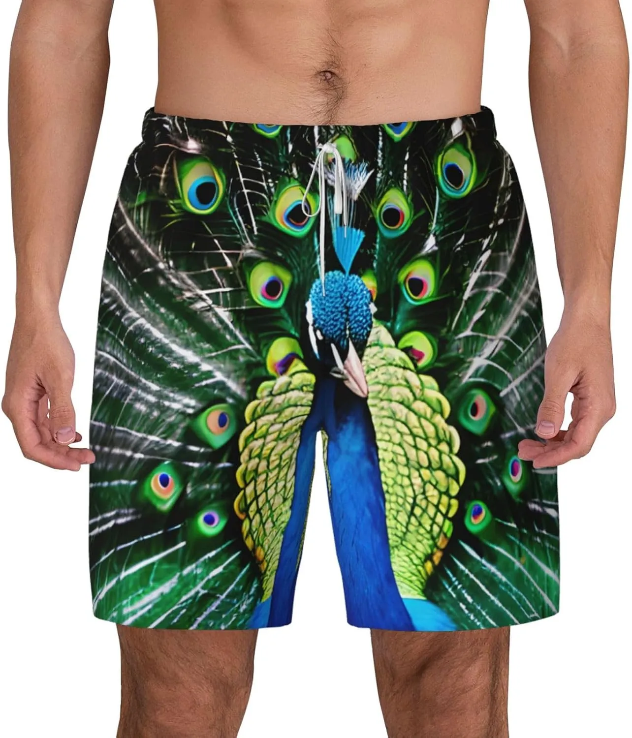 Fresh Peacock Print Mens Swim Trunks Quick Dry Board Shorts Mesh Lining, Breathable Beach Surf Shorts