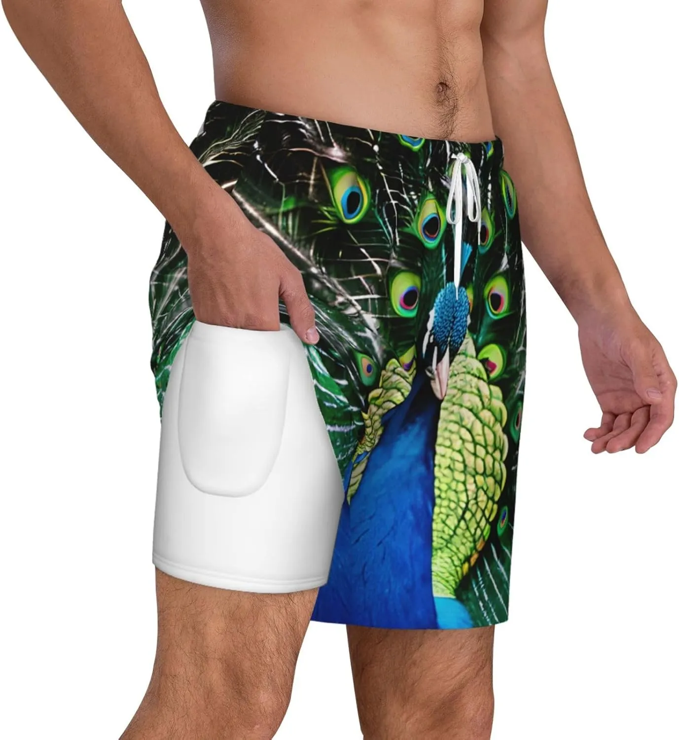 Fresh Peacock Print Mens Swim Trunks Quick Dry Board Shorts Mesh Lining, Breathable Beach Surf Shorts