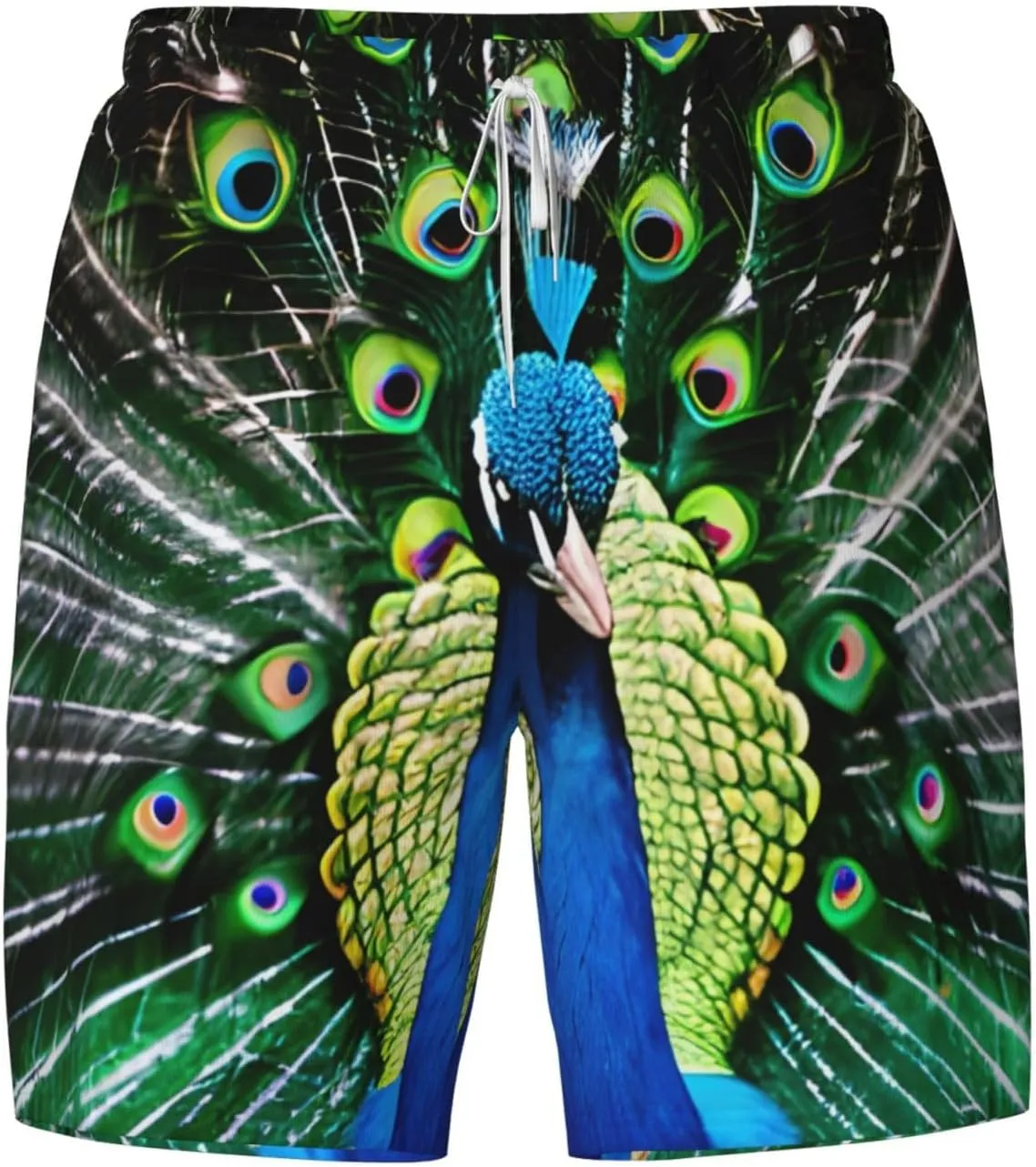 Fresh Peacock Print Mens Swim Trunks Quick Dry Board Shorts Mesh Lining, Breathable Beach Surf Shorts