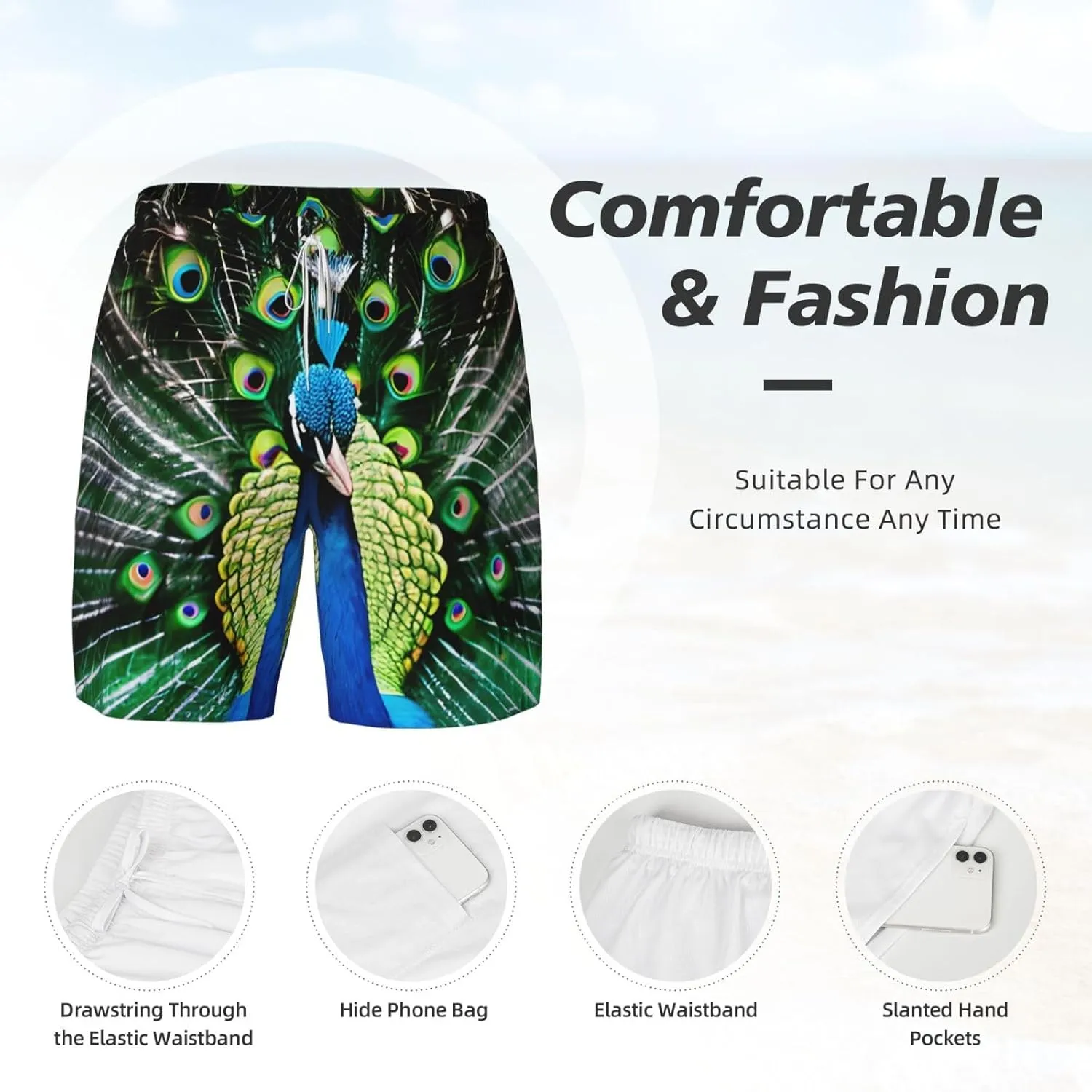 Fresh Peacock Print Mens Swim Trunks Quick Dry Board Shorts Mesh Lining, Breathable Beach Surf Shorts