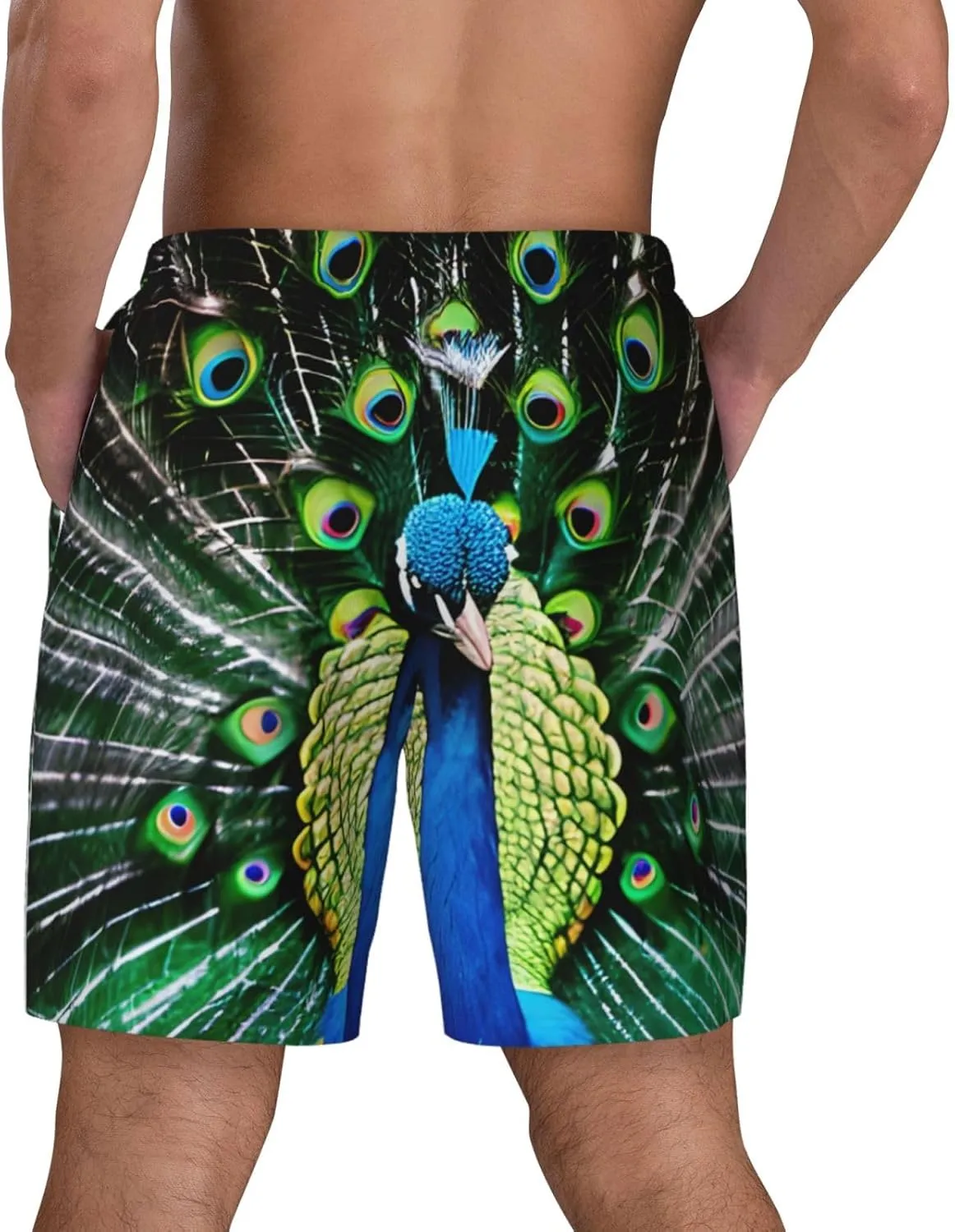 Fresh Peacock Print Mens Swim Trunks Quick Dry Board Shorts Mesh Lining, Breathable Beach Surf Shorts