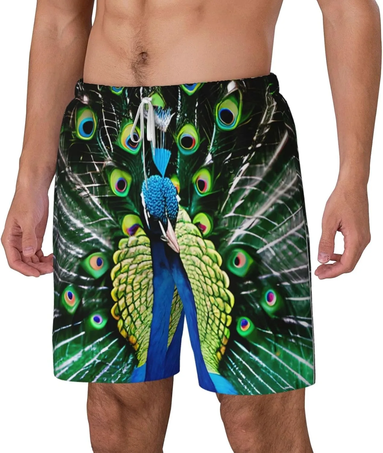 Fresh Peacock Print Mens Swim Trunks Quick Dry Board Shorts Mesh Lining, Breathable Beach Surf Shorts