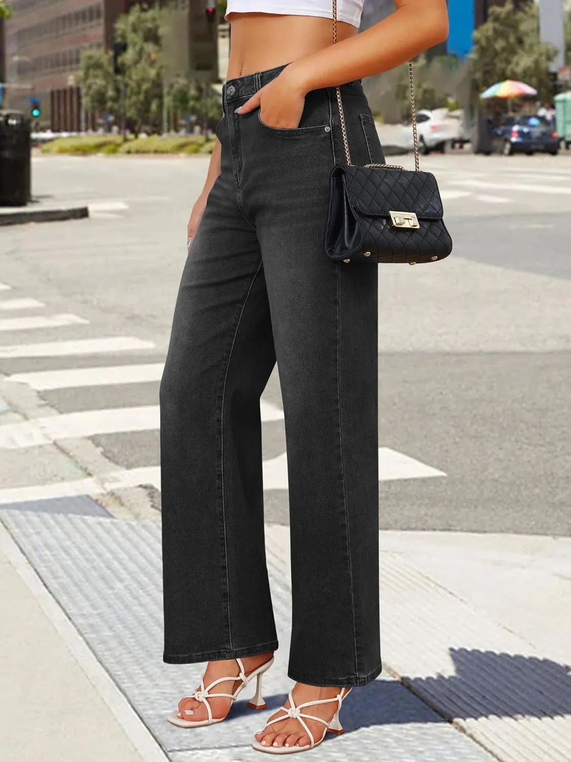 Genleck Women's Wide Leg Baggy Jeans  High Waisted Stretch Loose Jeans Trendy Denim Pants