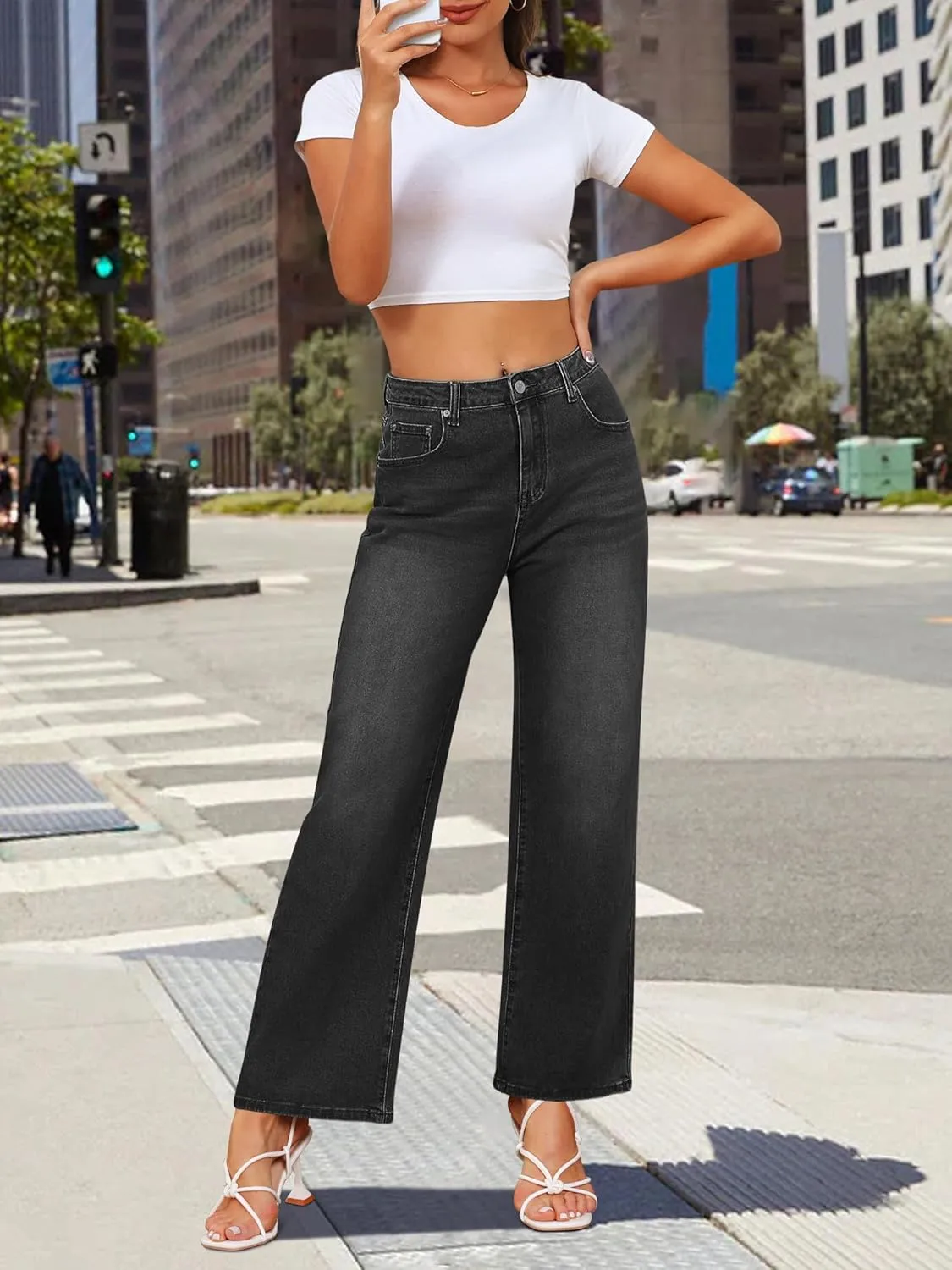 Genleck Women's Wide Leg Baggy Jeans  High Waisted Stretch Loose Jeans Trendy Denim Pants