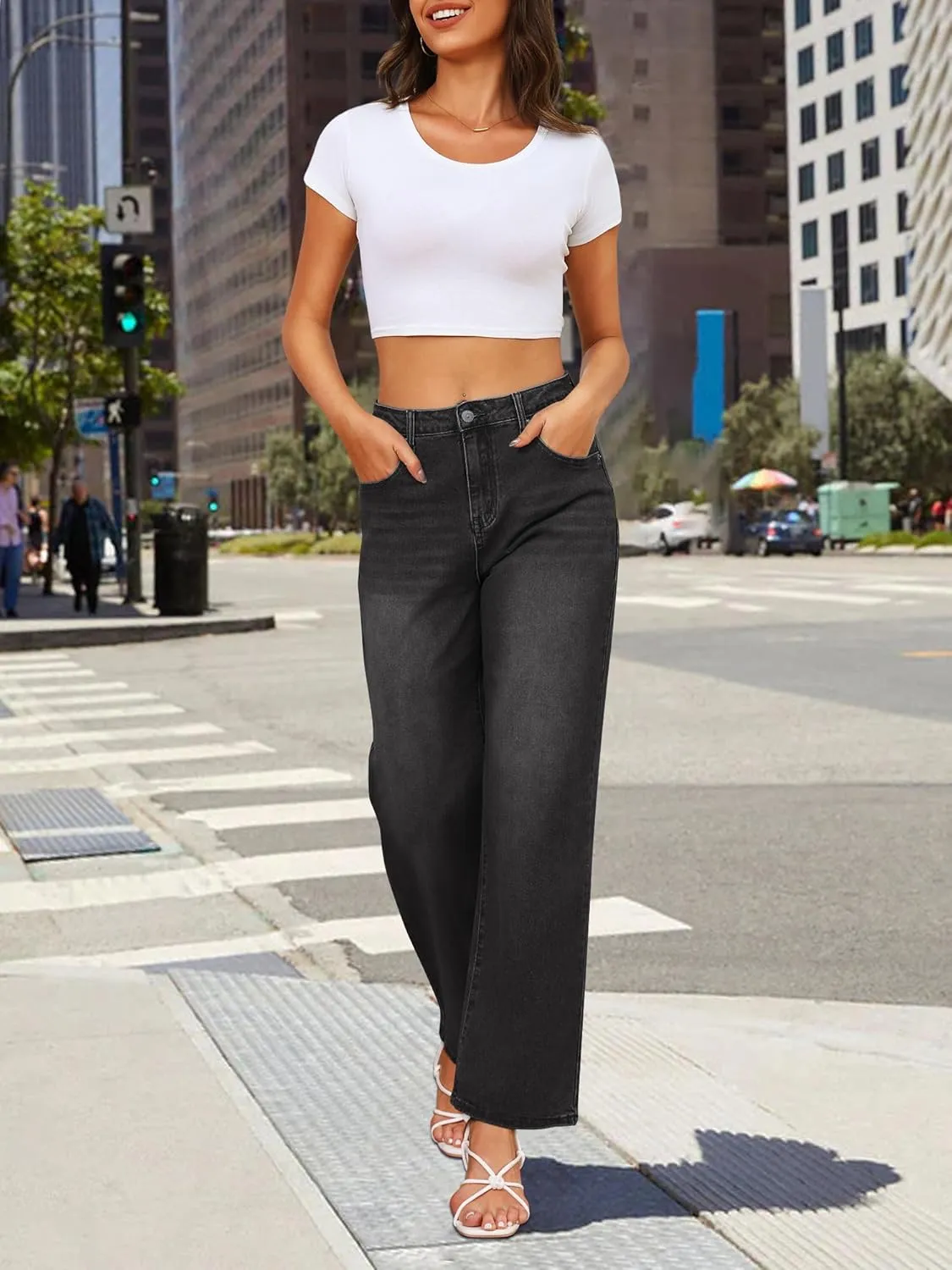 Genleck Women's Wide Leg Baggy Jeans  High Waisted Stretch Loose Jeans Trendy Denim Pants