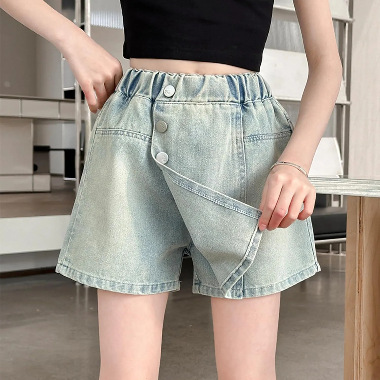 Girl's Denim Shorts High Waisted Elastic Button Front Asymmetrical Jean Shorts with Pockets Teenager Summer Clothes