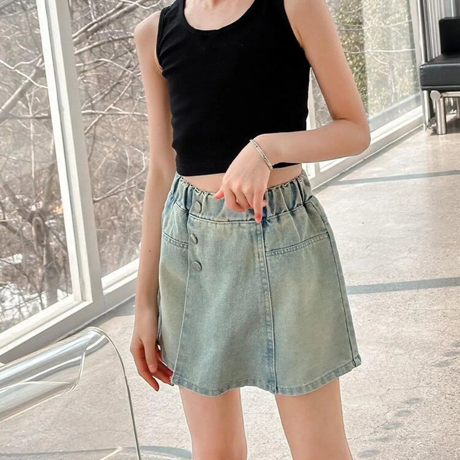 Girl's Denim Shorts High Waisted Elastic Button Front Asymmetrical Jean Shorts with Pockets Teenager Summer Clothes