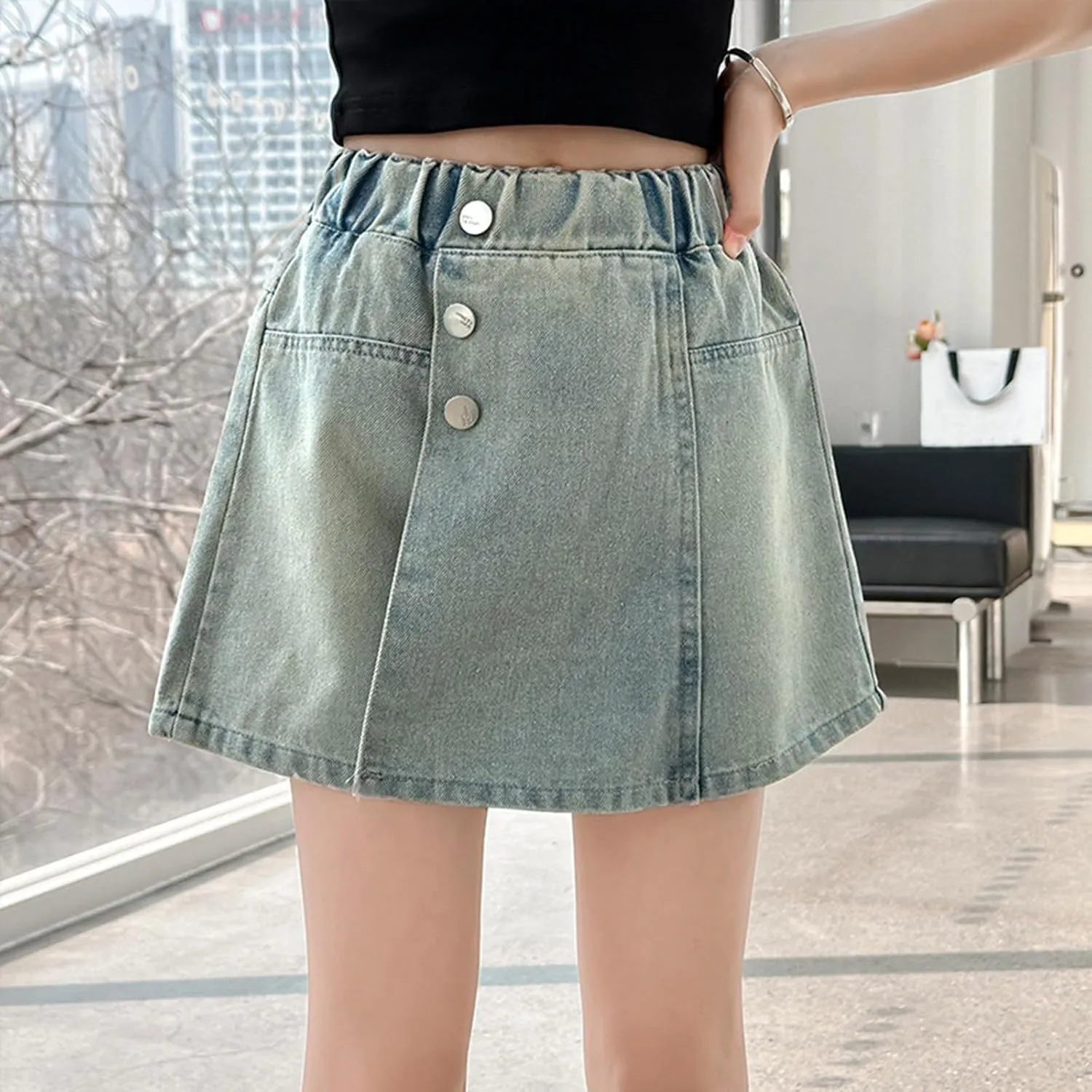 Girl's Denim Shorts High Waisted Elastic Button Front Asymmetrical Jean Shorts with Pockets Teenager Summer Clothes