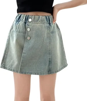 Girl's Denim Shorts High Waisted Elastic Button Front Asymmetrical Jean Shorts with Pockets Teenager Summer Clothes
