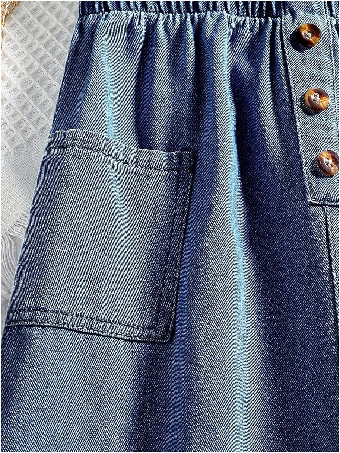 Girl's Paperbag A Line Denim Skirts Button Front High Waisted Midi Jeans Skirt with Pockets