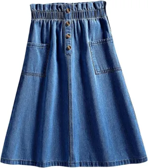 Girl's Paperbag A Line Denim Skirts Button Front High Waisted Midi Jeans Skirt with Pockets