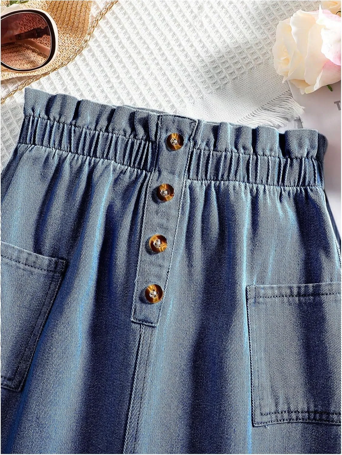Girl's Paperbag A Line Denim Skirts Button Front High Waisted Midi Jeans Skirt with Pockets