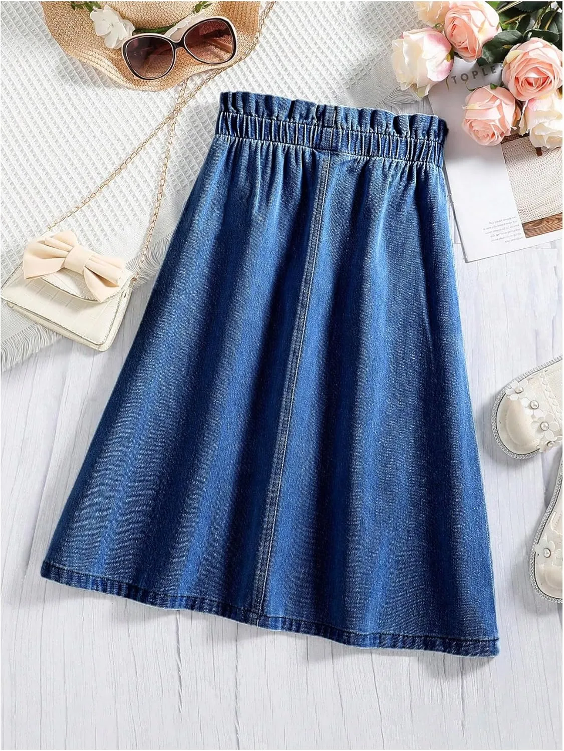 Girl's Paperbag A Line Denim Skirts Button Front High Waisted Midi Jeans Skirt with Pockets