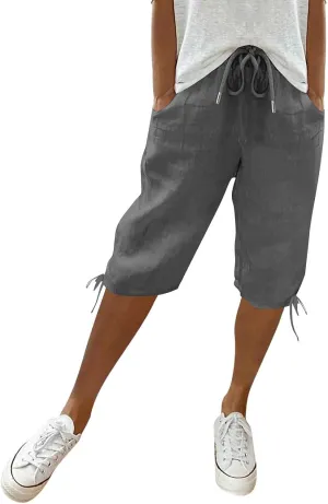 GOFULY Bermuda Shorts for Women Knee Length Cotton Linen Elastic Waist Drawstring Shorts Summer Capris Pants with Pockets