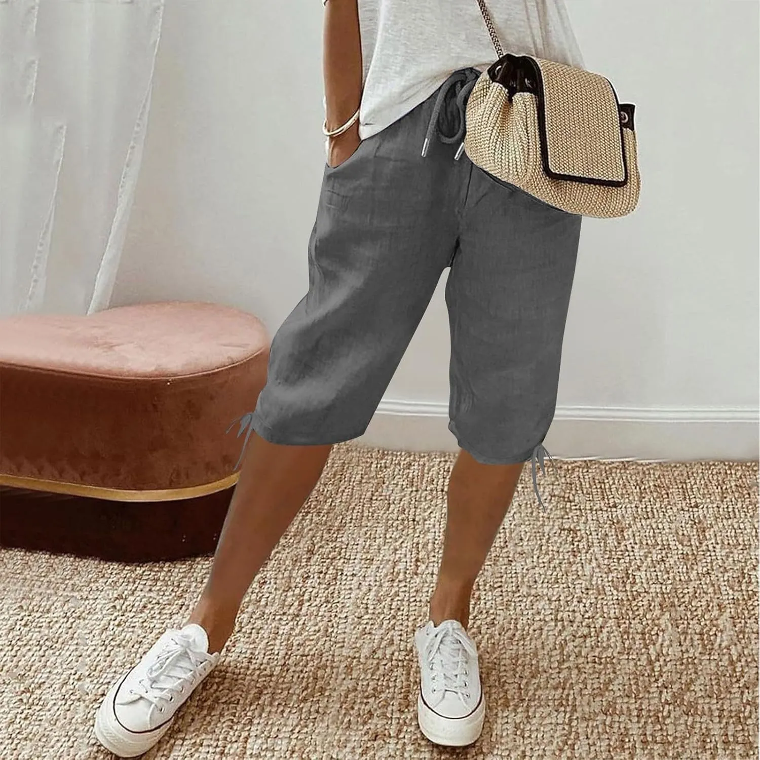 GOFULY Bermuda Shorts for Women Knee Length Cotton Linen Elastic Waist Drawstring Shorts Summer Capris Pants with Pockets