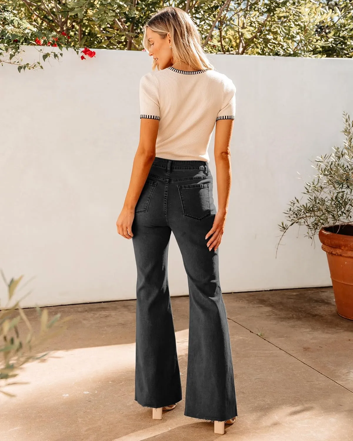 GRAPENT Wide Leg Jeans for Women Trendy High Waisted Flare Stretchy Bell Bottom Denim Pants Baggy Raw Hem Trouser Jeans